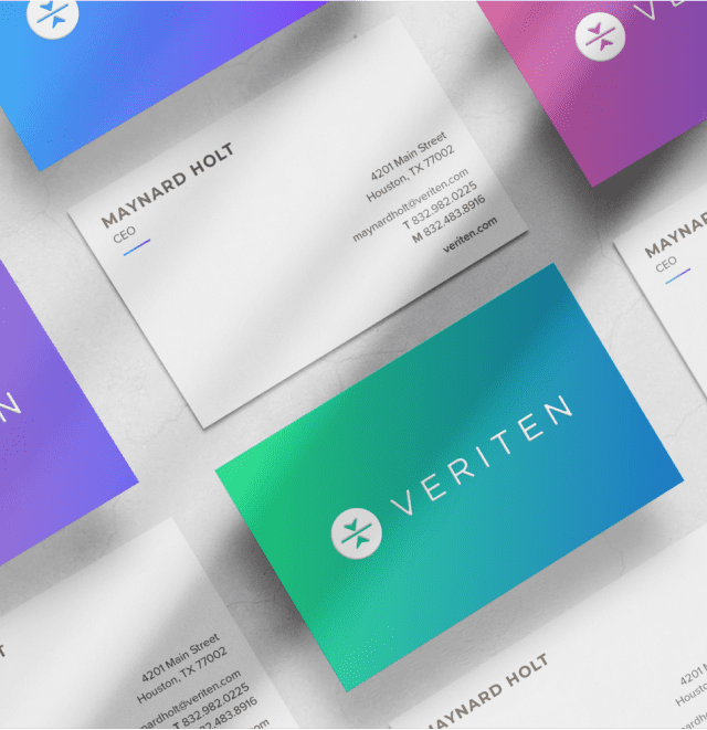 Veriten company naming and branding initiative with business cards. 